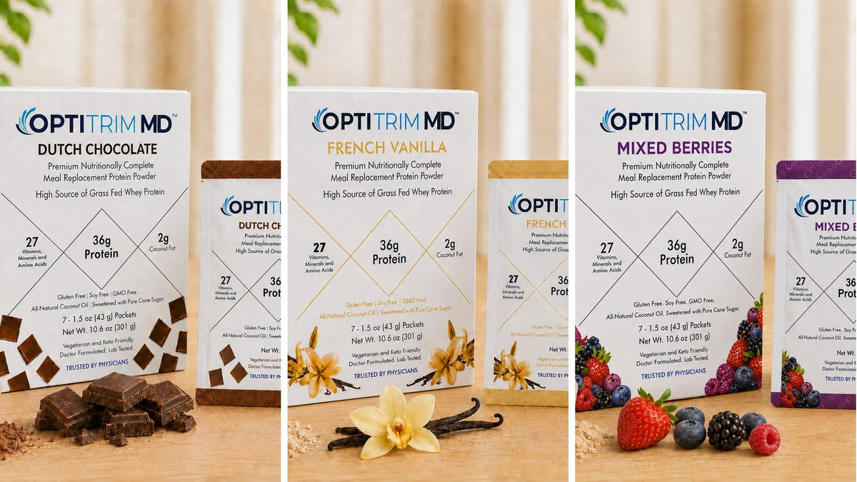 OptitrimMD 36 g protein shake in Dutch Chocolate, French Vanilla and Mixed Berries
