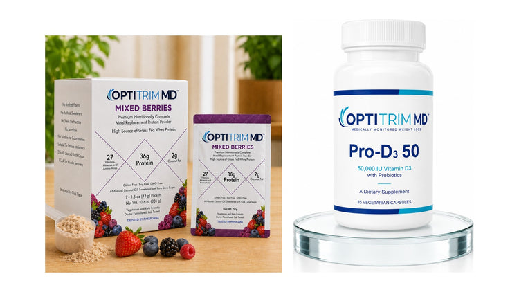 Provider-only Optitrim MD products: the 36 g meal replacement shake and Pro-D3 50
