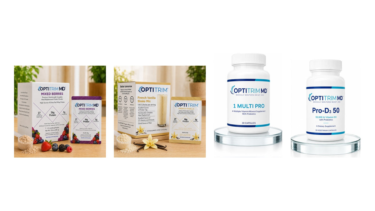 The full Optitrim MD range: 36 g and 16 g meal replacement shakes plus vitamins and supplements