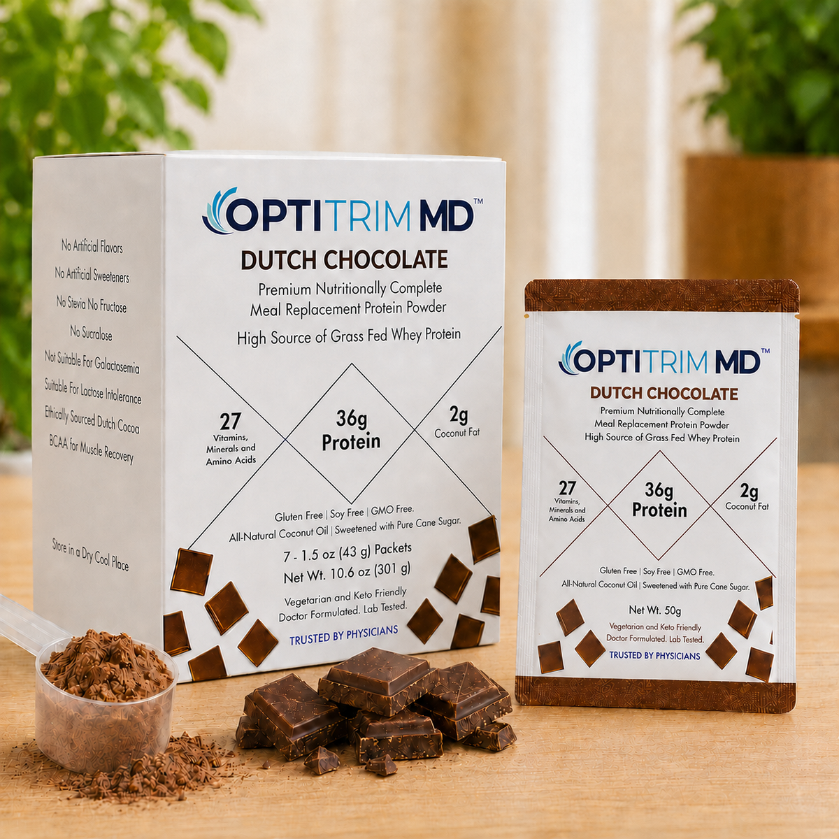 OptitrimMD 36 g Dutch Chocolate meal replacement shake carton with a single-serve packet