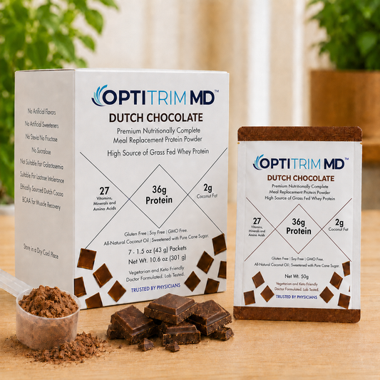 OptitrimMD 36 g Dutch Chocolate meal replacement shake carton with a single-serve packet