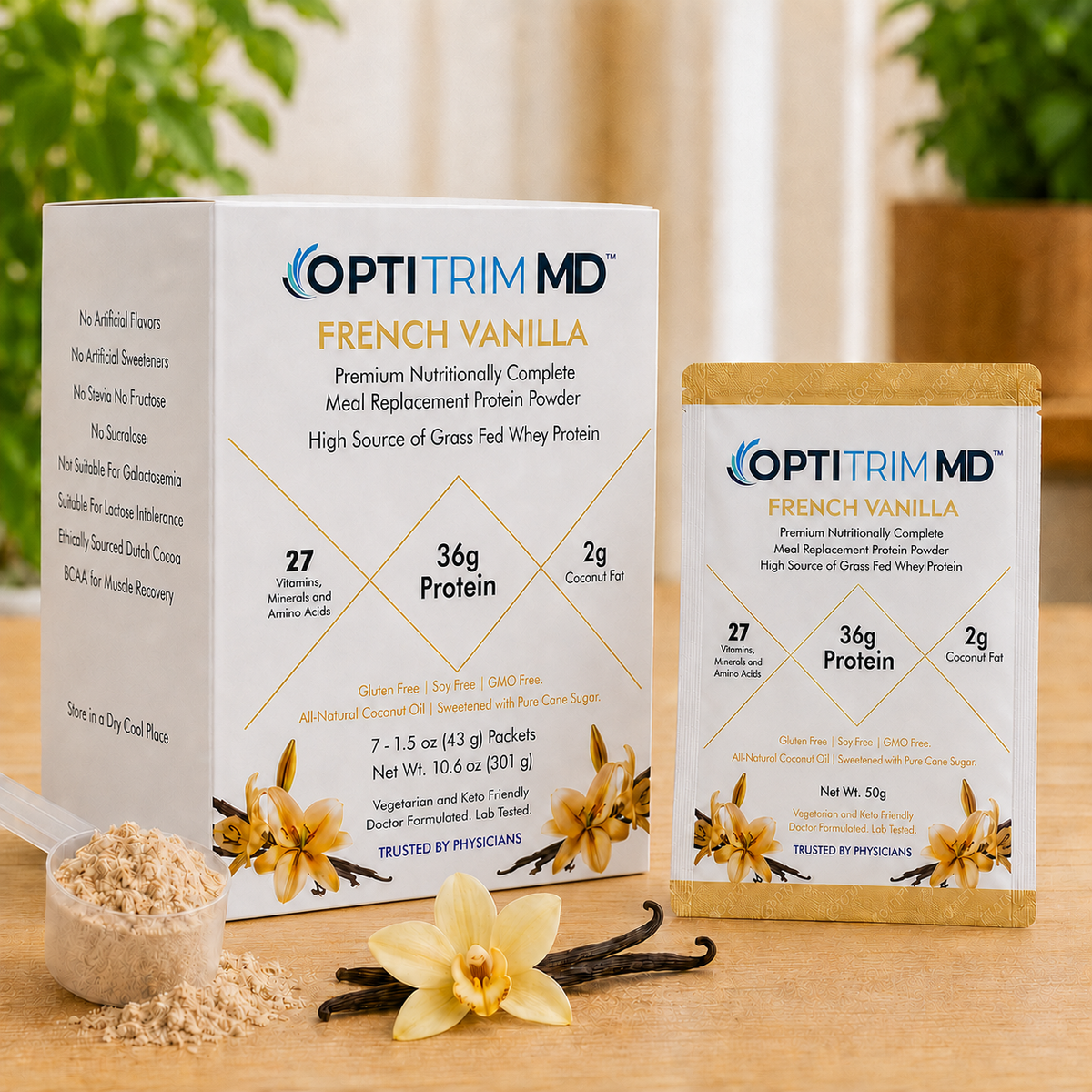 OptitrimMD 36 g French Vanilla meal replacement shake carton with a single-serve packet