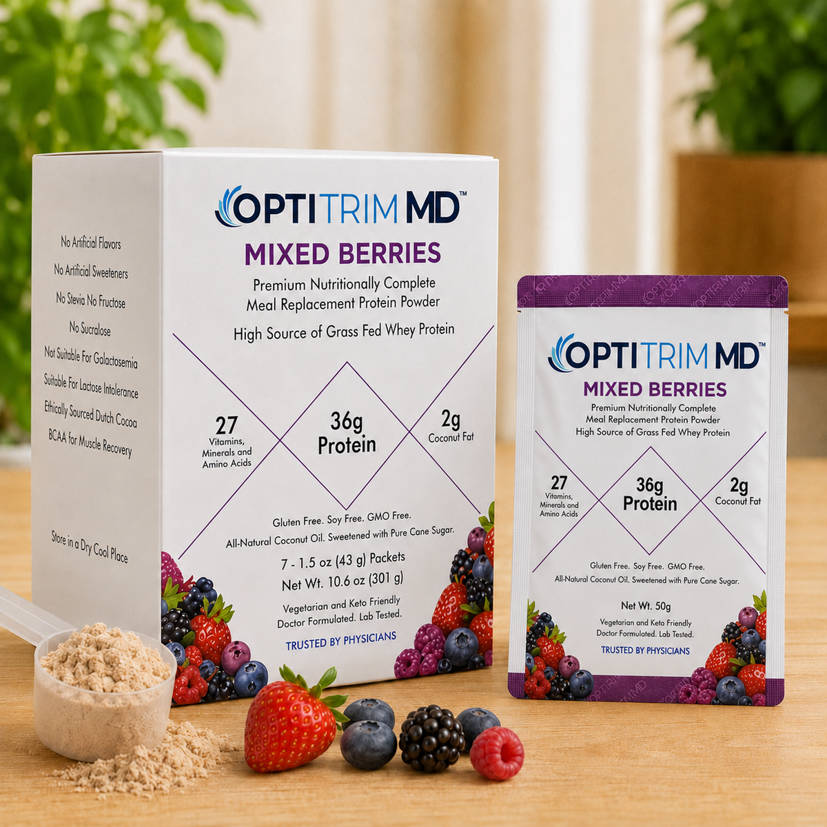 OptitrimMD 36 g Mixed Berries meal replacement shake carton with a single-serve packet