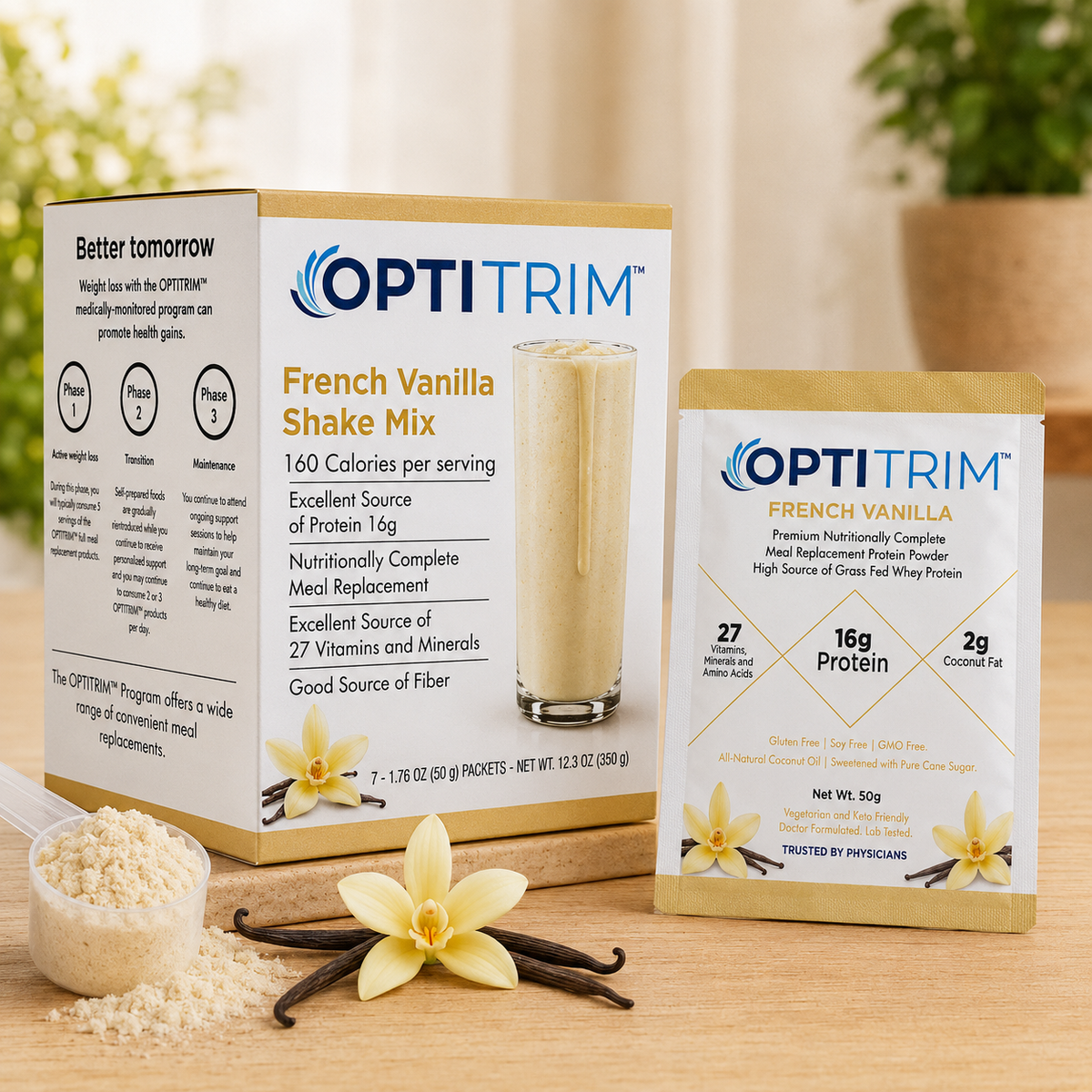 Optitrim 16 g French Vanilla box with pouch and prepared shake