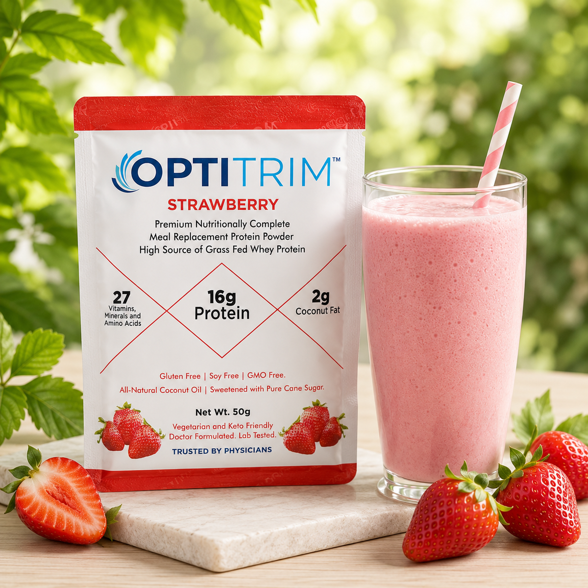 Optitrim 16 g Strawberry pouch with prepared shake