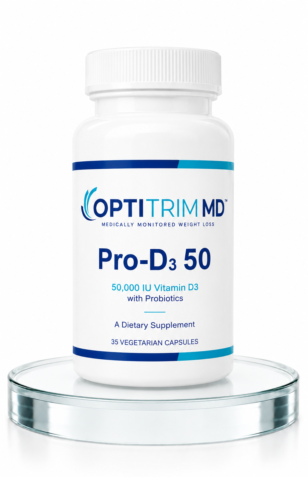 OptitrimMD Pro-D3 50 bottle — 50,000 IU vitamin D3 with probiotics, 35 vegetarian capsules